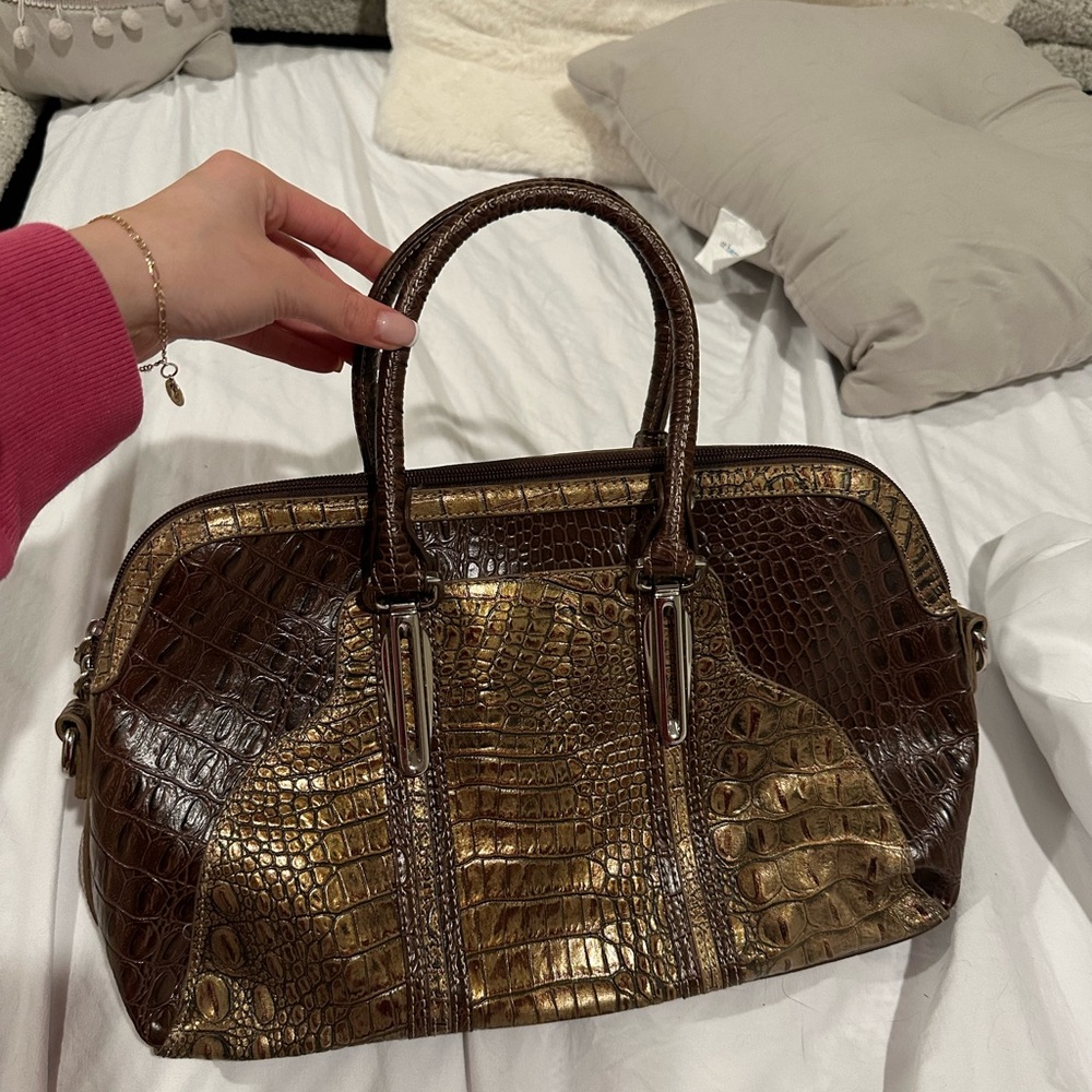 Luxurious Brown and Gold Crocodile-Embossed Satchel